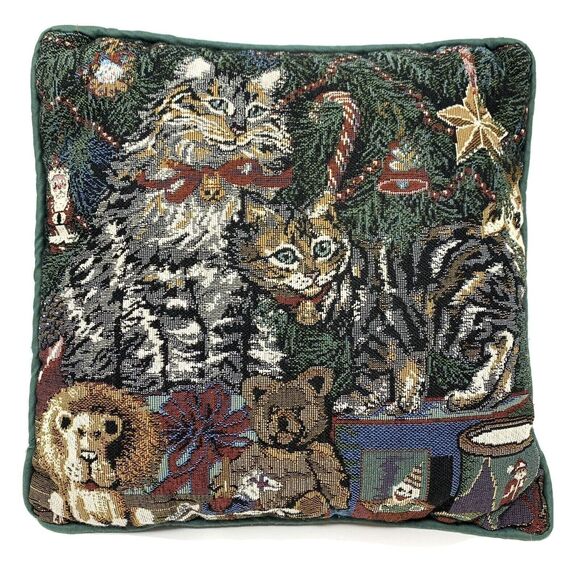 Unbranded Other - Christmas Kitty Cat Tapestry Pillow Holiday Tree 11 X 11 Inches Green